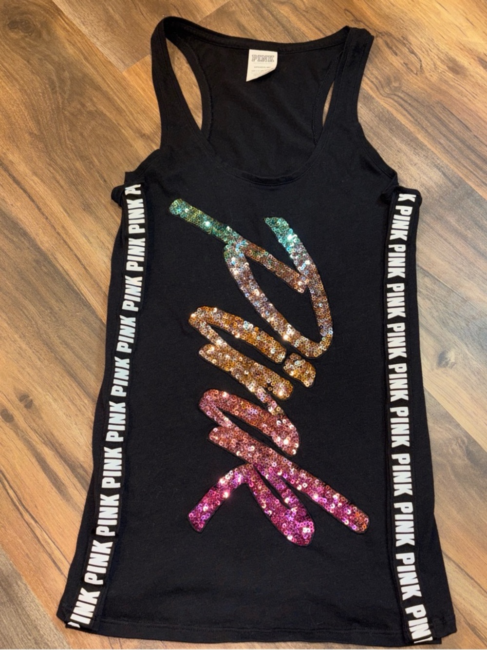 PINK Victoria's Secret Black Racerback Tank with Multicolor Sequin Logo